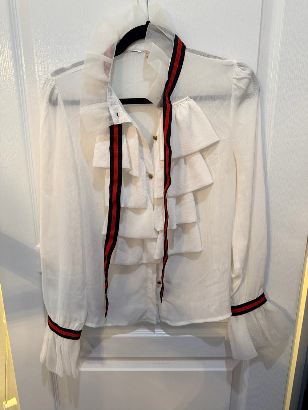 Vintage White Sheet Ruffle Blouse with Navy & Red Ribbon amazing Gold Buttons - Picture 4 of 11